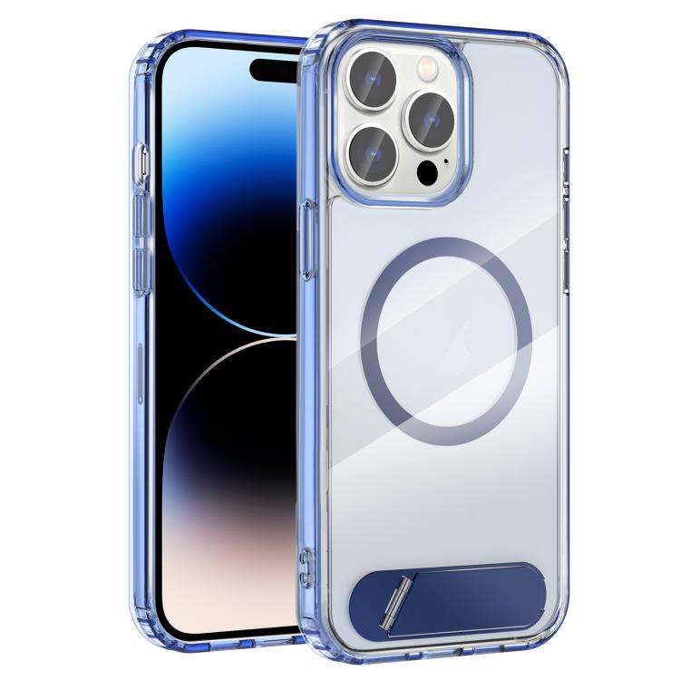 

For iPhone 14 Pro Clear PC Hybrid TPU MagSafe Phone Case with Holder(Blue)