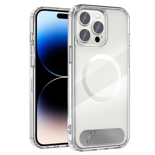 

For iPhone 14 Pro Max Clear PC Hybrid TPU MagSafe Phone Case with Holder(White)
