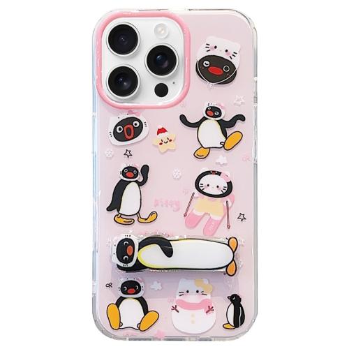 

For iPhone 16 Pro Max Double-sided IMD Cute Penguin Printed TPU Phone Case with Holder(Pink)