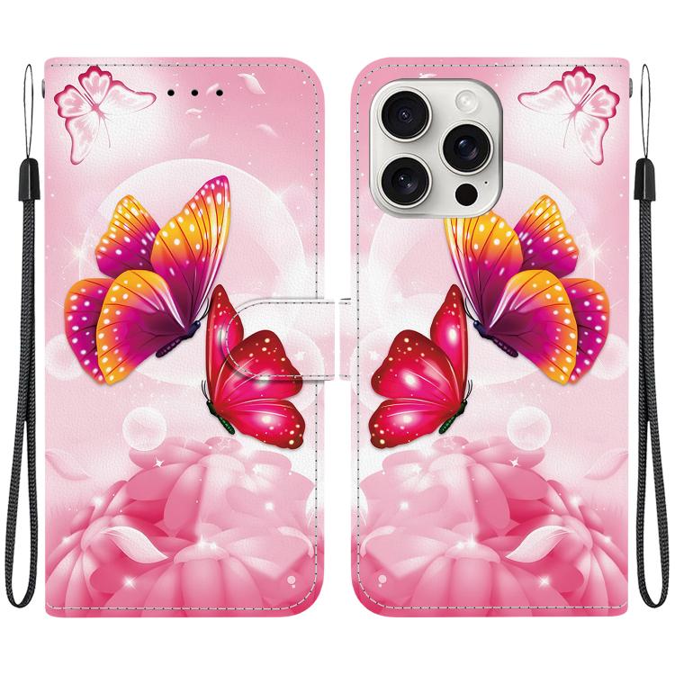 

For iPhone 16 Pro Crystal Texture Colored Drawing Leather Phone Case(Pink Butterflies)