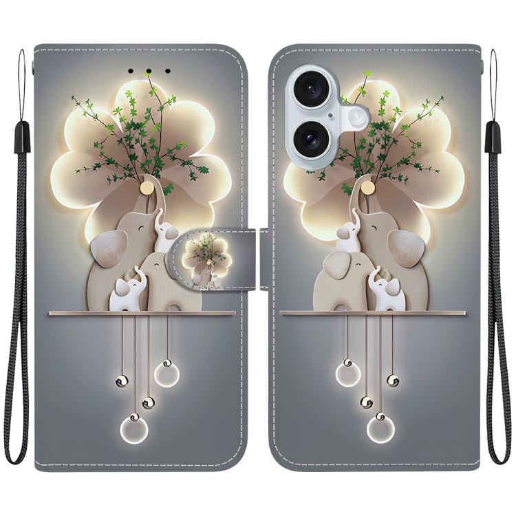 

For iPhone 16 Plus Crystal Texture Colored Drawing Leather Phone Case(Elephants)