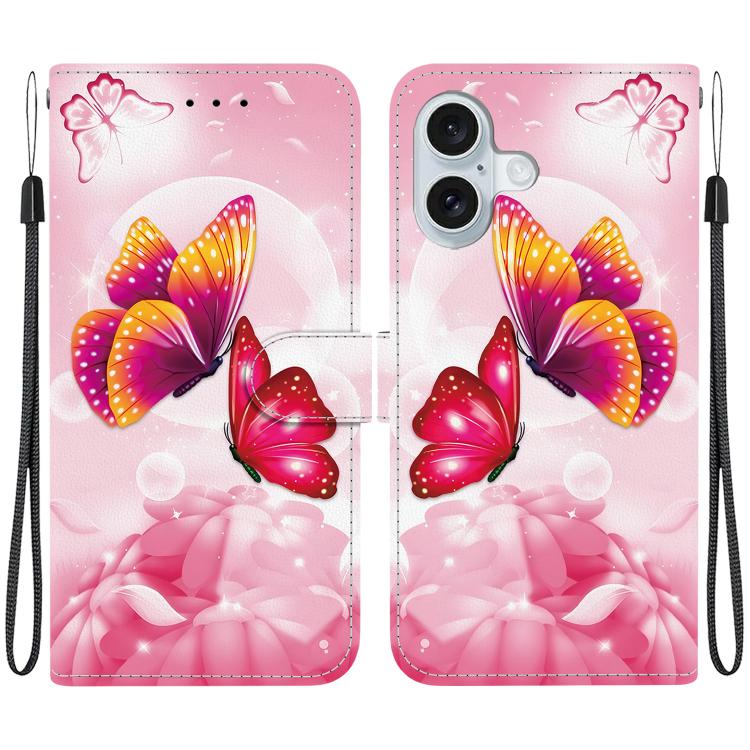 

For iPhone 16 Plus Crystal Texture Colored Drawing Leather Phone Case(Pink Butterflies)