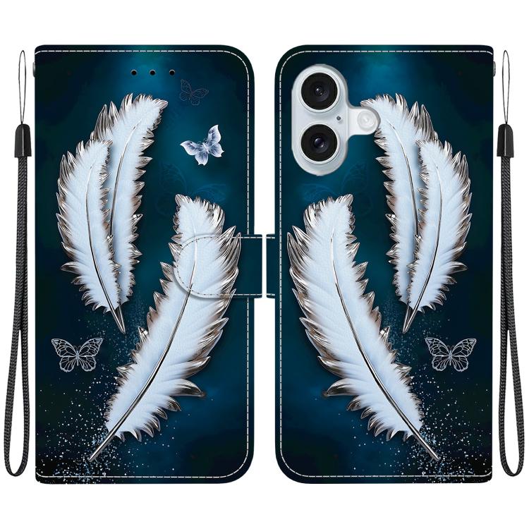 

For iPhone 16 Crystal Texture Colored Drawing Leather Phone Case(White Butterfly Feathers)