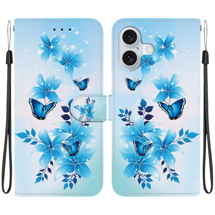 

For iPhone 16 Crystal Texture Colored Drawing Leather Phone Case(Blue Butterflies)