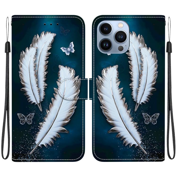 

For iPhone 15 Pro Crystal Texture Colored Drawing Leather Phone Case(White Butterfly Feathers)