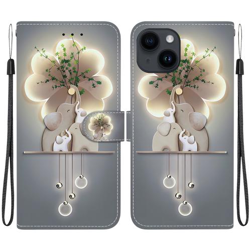 

For iPhone 15 Plus Crystal Texture Colored Drawing Leather Phone Case(Elephants)