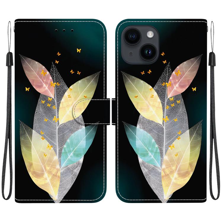 

For iPhone 15 Crystal Texture Colored Drawing Leather Phone Case(Colored Leaves)