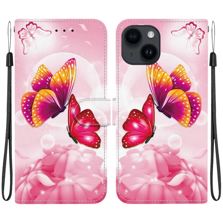 

For iPhone 15 Crystal Texture Colored Drawing Leather Phone Case(Pink Butterflies)