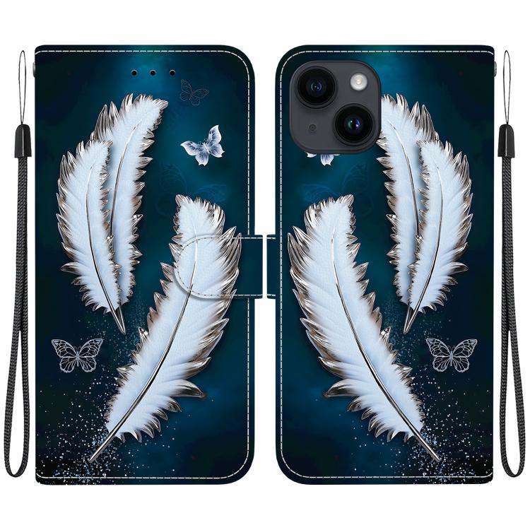 

For iPhone 14 Plus Crystal Texture Colored Drawing Leather Phone Case(White Butterfly Feathers)