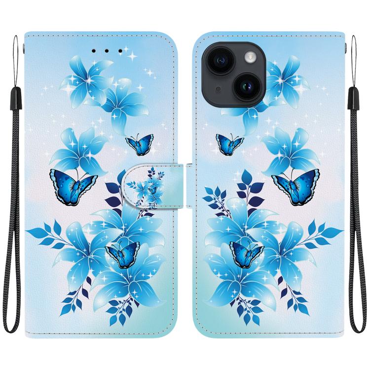 

For iPhone 14 Plus Crystal Texture Colored Drawing Leather Phone Case(Blue Butterflies)