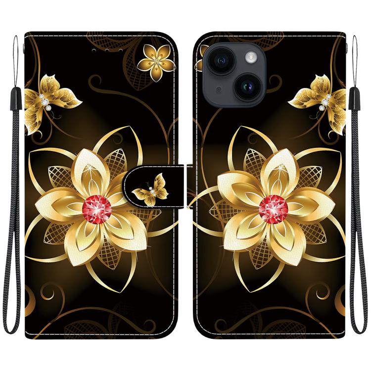 

For iPhone 14 Crystal Texture Colored Drawing Leather Phone Case(Gold Flower)