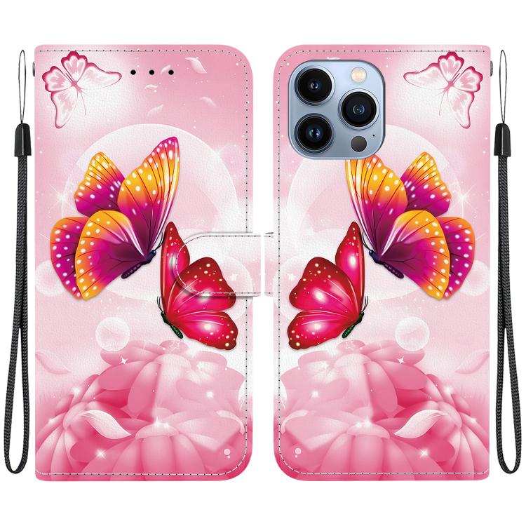 

For iPhone 14 Pro Crystal Texture Colored Drawing Leather Phone Case(Pink Butterflies)