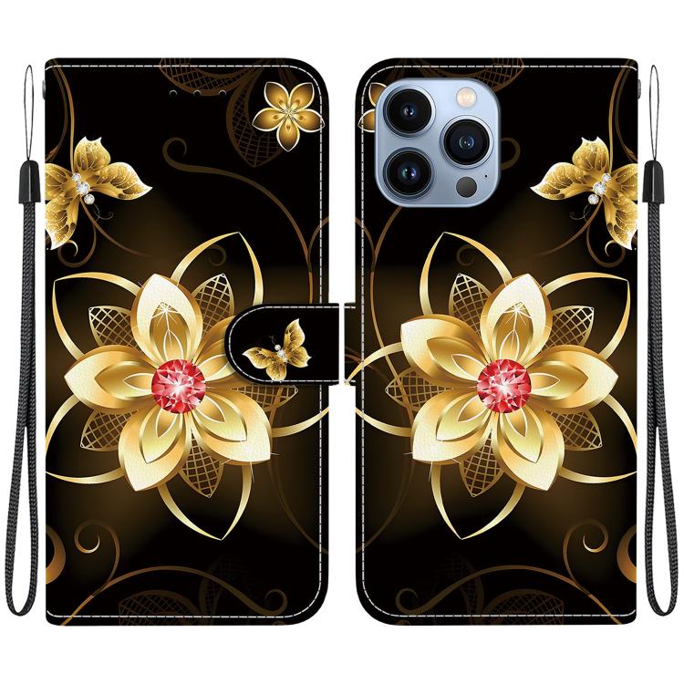 

For iPhone 14 Pro Max Crystal Texture Colored Drawing Leather Phone Case(Gold Flower)