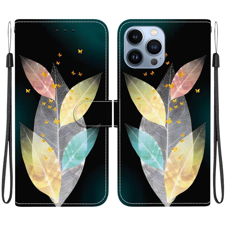 

For iPhone 14 Pro Max Crystal Texture Colored Drawing Leather Phone Case(Colored Leaves)