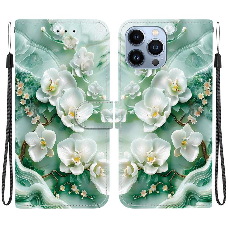 

For iPhone 13 Pro Max Crystal Texture Colored Drawing Leather Phone Case(Jade Flowers)