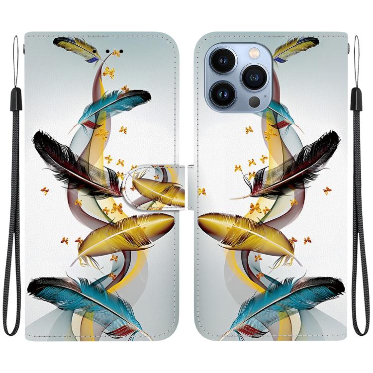 

For iPhone 13 Pro Crystal Texture Colored Drawing Leather Phone Case(Gold Butterfly Feathers)