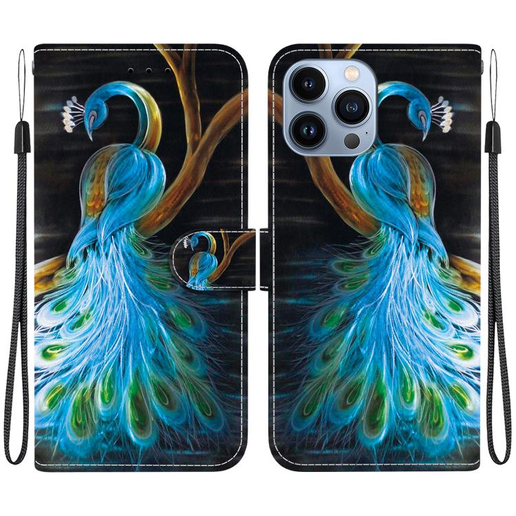 

For iPhone 12 / 12 Pro Crystal Texture Colored Drawing Leather Phone Case(Peacock)