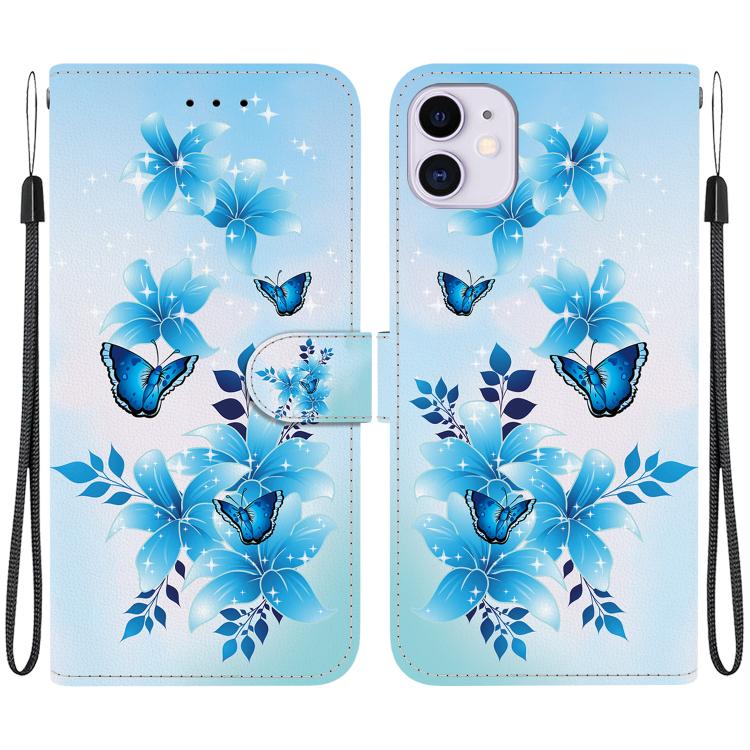 

For iPhone 11 Crystal Texture Colored Drawing Leather Phone Case(Blue Butterflies)