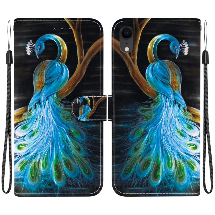 

For iPhone XR Crystal Texture Colored Drawing Leather Phone Case(Peacock)