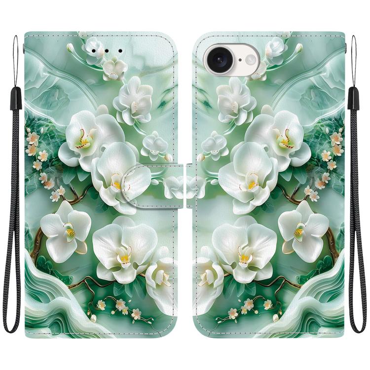 

For iPhone 16e Crystal Texture Colored Drawing Leather Phone Case(Jade Flowers)