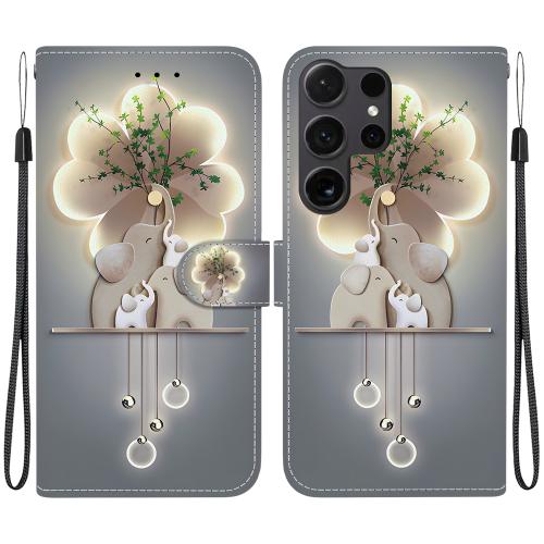 

For Samsung Galaxy S22 Ultra 5G Crystal Texture Colored Drawing Leather Phone Case(Elephants)