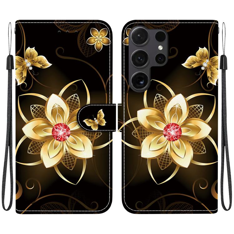 

For Samsung Galaxy S22 Ultra 5G Crystal Texture Colored Drawing Leather Phone Case(Gold Flower)