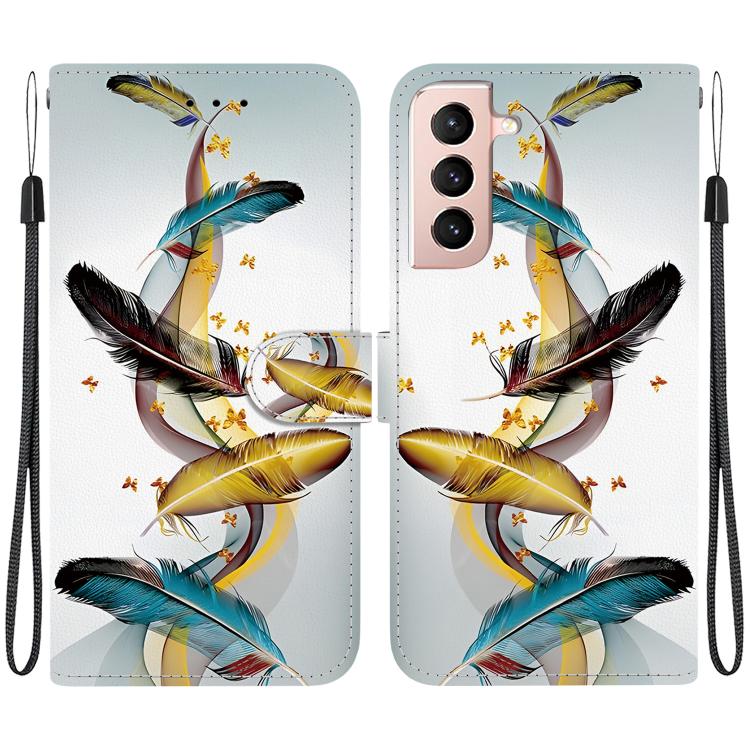 

For Samsung Galaxy S21+ 5G Crystal Texture Colored Drawing Leather Phone Case(Gold Butterfly Feathers)