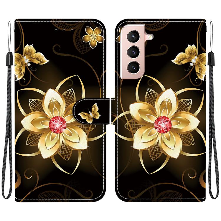

For Samsung Galaxy S21+ 5G Crystal Texture Colored Drawing Leather Phone Case(Gold Flower)