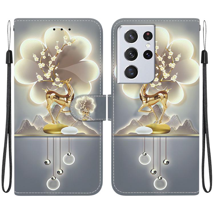 

For Samsung Galaxy S21 Ultra 5G Crystal Texture Colored Drawing Leather Phone Case(Sika Deer)