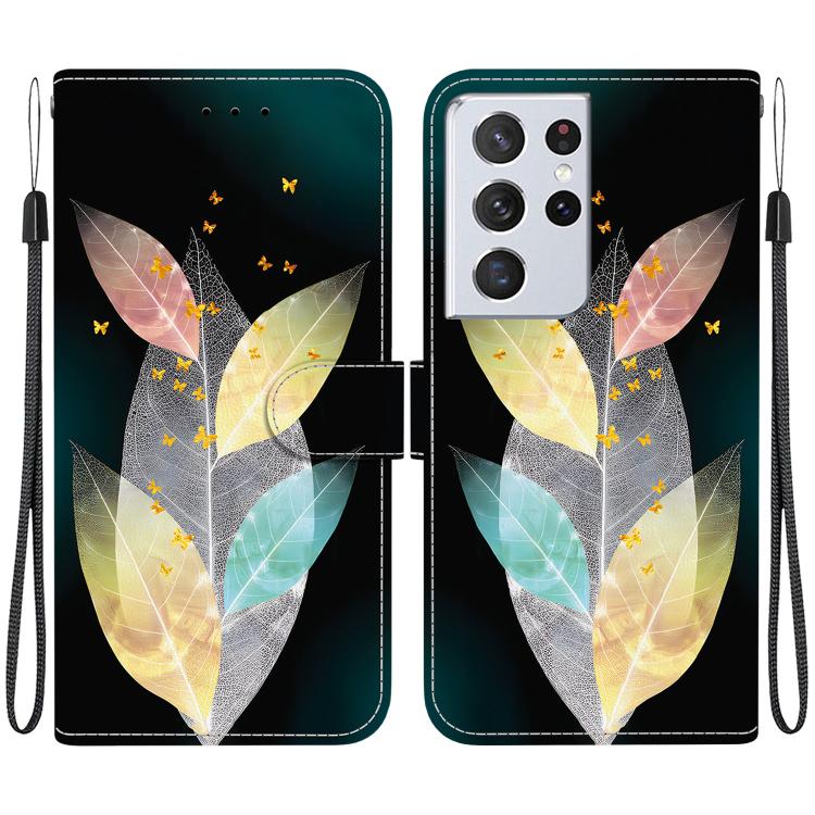 

For Samsung Galaxy S21 Ultra 5G Crystal Texture Colored Drawing Leather Phone Case(Colored Leaves)