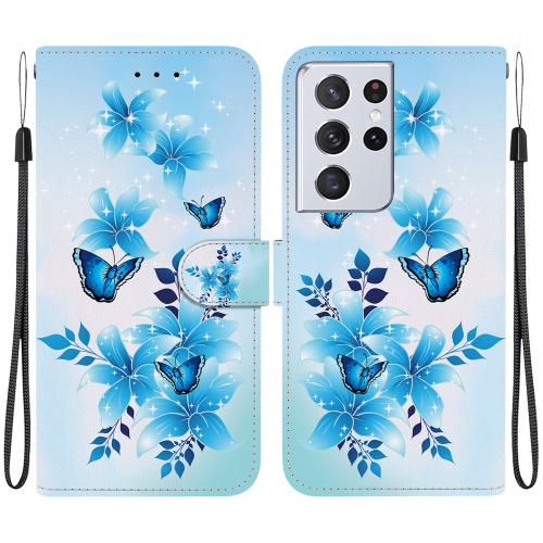 

For Samsung Galaxy S21 Ultra 5G Crystal Texture Colored Drawing Leather Phone Case(Blue Butterflies)