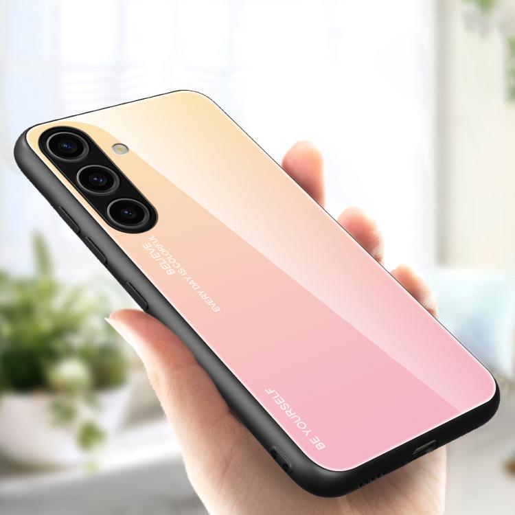 

For Samsung Galaxy S25+ 5G Gradient Color Glass Phone Case(Yellow Pink)