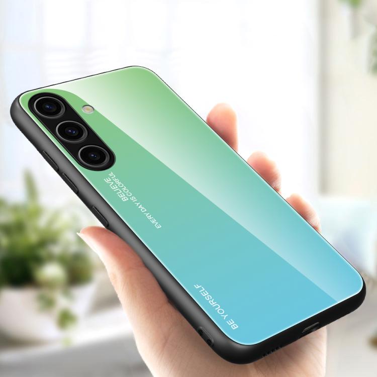 

For Samsung Galaxy S25+ 5G Gradient Color Glass Phone Case(Green Cyan)