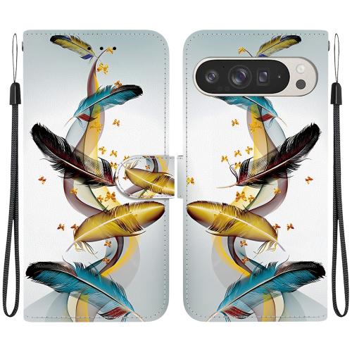 

For Google Pixel 9 Pro XL Crystal Texture Colored Drawing Leather Phone Case(Gold Butterfly Feathers)