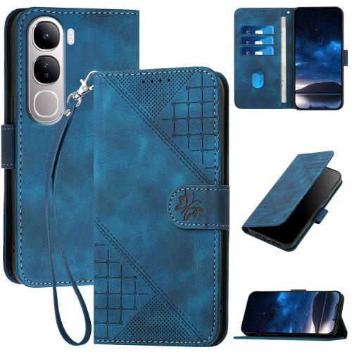 

For vivo Y300 / V40 Lite 4G / 5G IDN Grid Butterfly Embossed Pattern Leather Phone Case with Lanyard(Dark Blue)