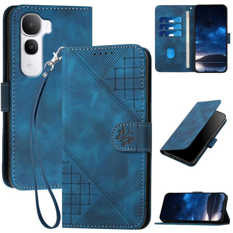

For vivo Y400 5G Grid Butterfly Embossed Pattern Leather Phone Case with Lanyard(Dark Blue)