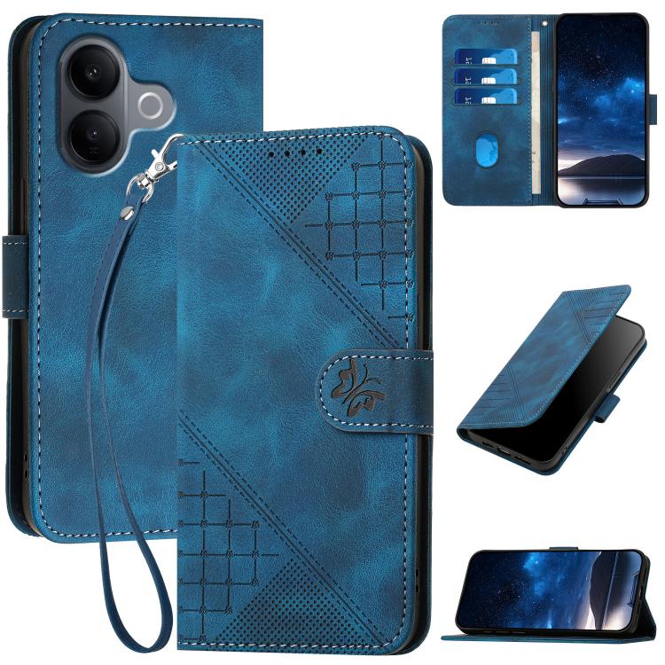 

For vivo V60 Lite 5G Grid Butterfly Embossed Pattern Leather Phone Case with Lanyard(Dark Blue)