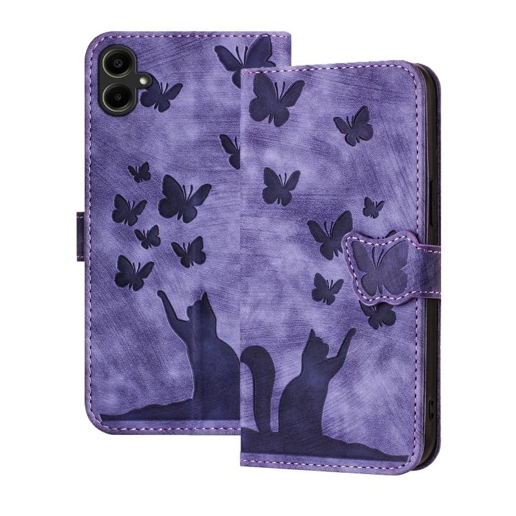 

For Samsung Galaxy A07 4G / A06 4G Butterfly Cat Embossing Flip Leather Phone Case(Purple)