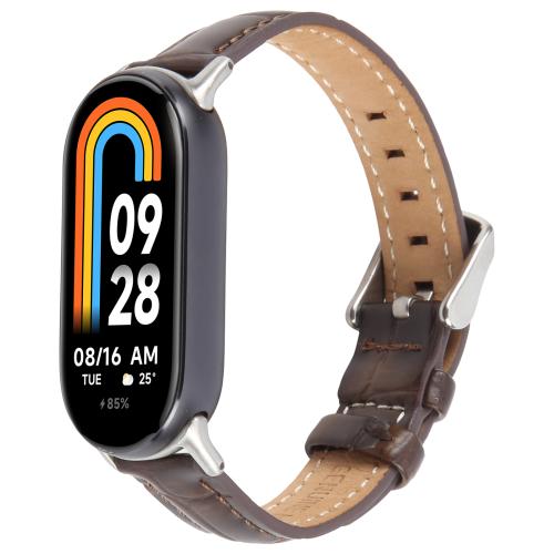 

For Xiaomi Smart Band 9 / 8 Silver Metal Connector Genuine Leather Watch Band(Bamboo Joint Coffee)