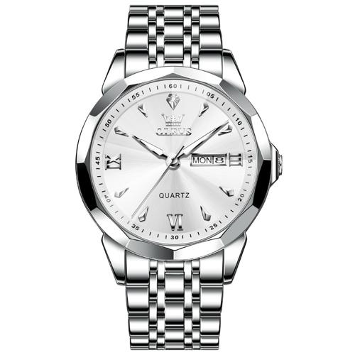 

OLEVS 9998 Men Diamond Face Dual Calendar Waterproof Quartz Watch(White + Silver)