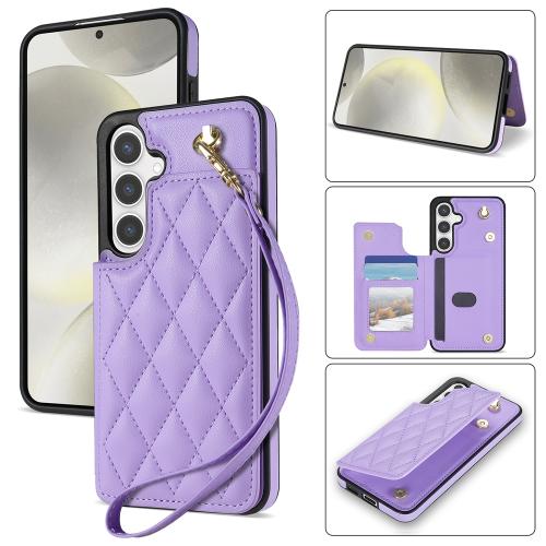 

For Samsung Galaxy S25+ 5G Rhombic Dual Buckle Card Slots Phone Case with Lanyard(Purple)