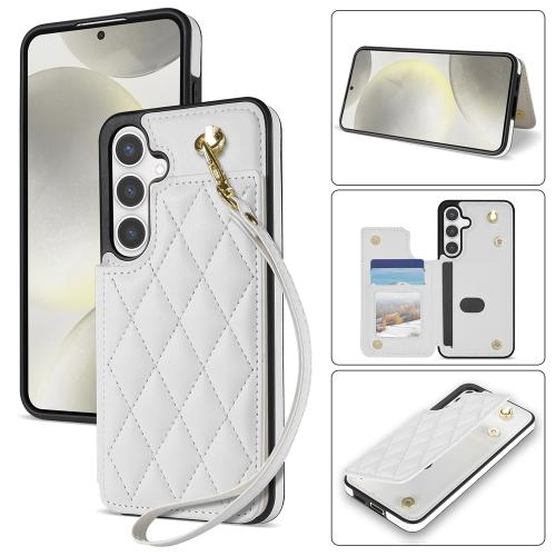 

For Samsung Galaxy S25 5G Rhombic Dual Buckle Card Slots Phone Case with Lanyard(White)