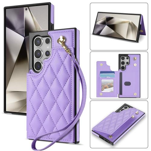 

For Samsung Galaxy S24 Ultra 5G Rhombic Dual Buckle Card Slots Phone Case with Lanyard(Purple)