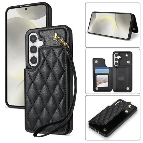 

For Samsung Galaxy S24 5G Rhombic Dual Buckle Card Slots Phone Case with Lanyard(Black)