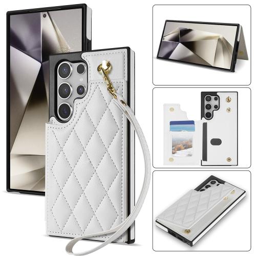 

For Samsung Galaxy S23 Ultra 5G Rhombic Dual Buckle Card Slots Phone Case with Lanyard(White)