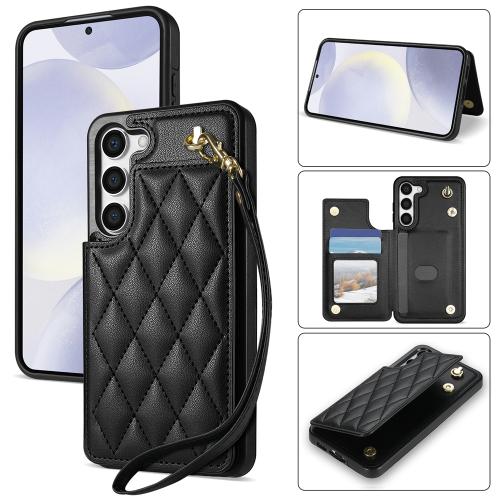 

For Samsung Galaxy S23+ 5G Rhombic Dual Buckle Card Slots Phone Case with Lanyard(Black)