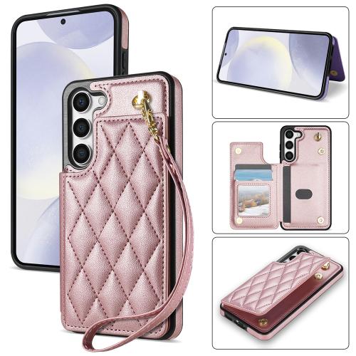 

For Samsung Galaxy S23 5G Rhombic Dual Buckle Card Slots Phone Case with Lanyard(Rose Gold)