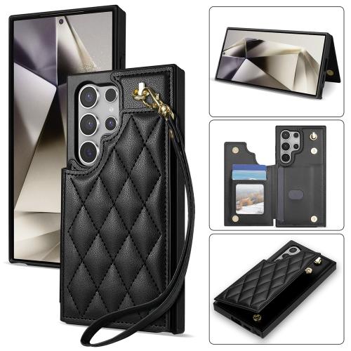 

For Samsung Galaxy S22 Ultra 5G Rhombic Dual Buckle Card Slots Phone Case with Lanyard(Black)