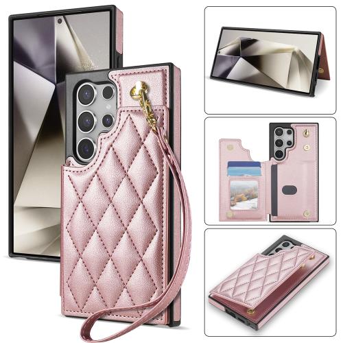 

For Samsung Galaxy S21 Ultra 5G Rhombic Dual Buckle Card Slots Phone Case with Lanyard(Rose Gold)