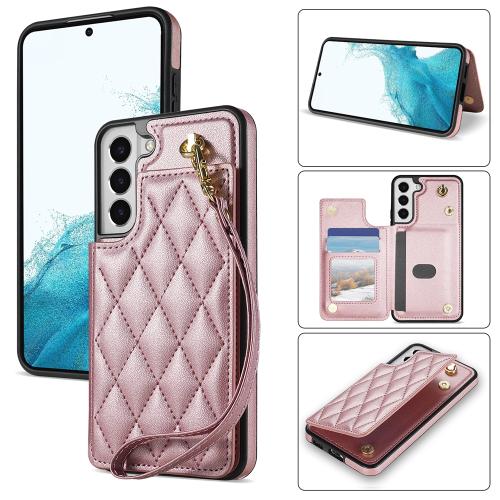 

For Samsung Galaxy S21+ 5G Rhombic Dual Buckle Card Slots Phone Case with Lanyard(Rose Gold)